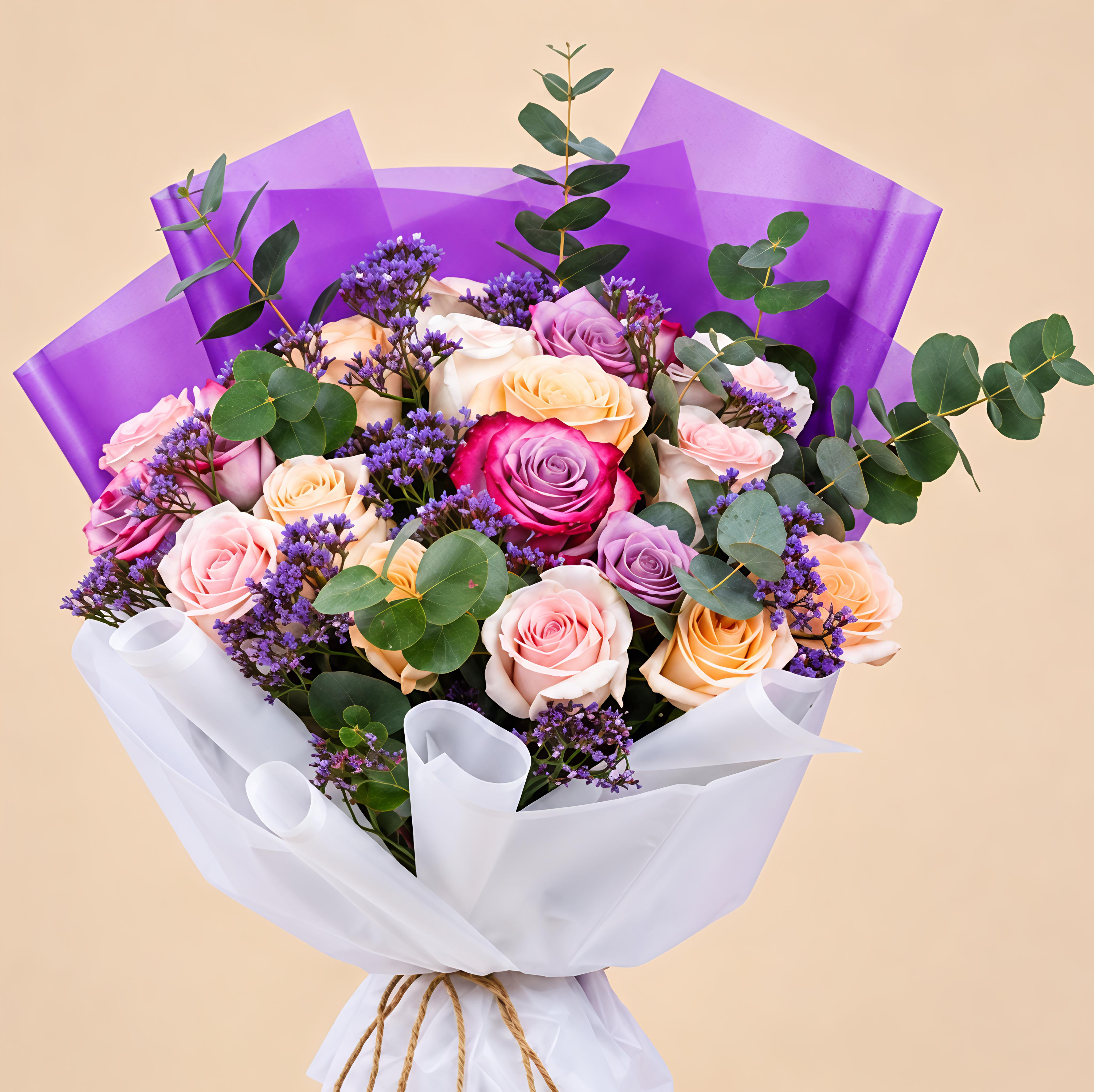 Pink, Peach & Purple Rose Bouquet with Eucalyptus 3