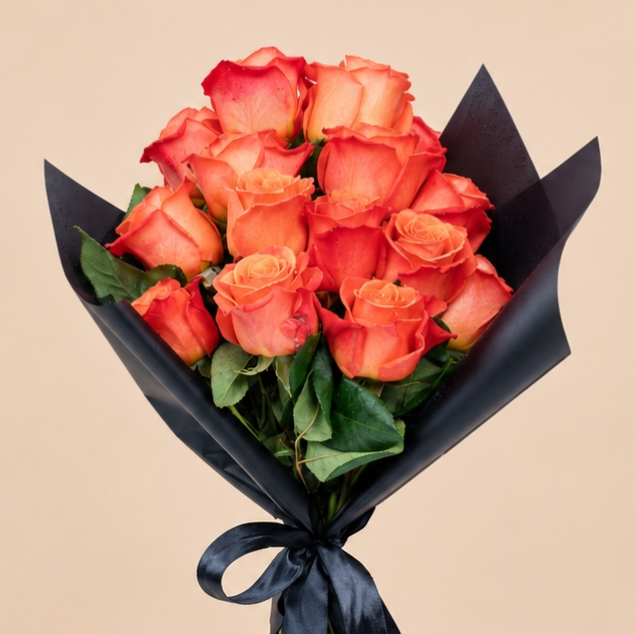Orange Rose Bouquet with Black Wrap | 15 Roses 3