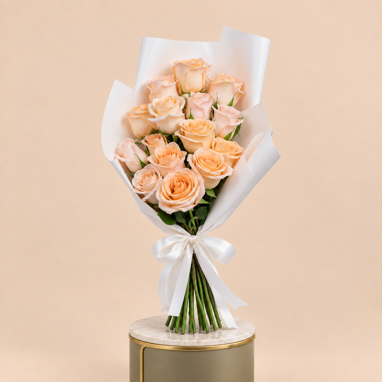 Peach Rose Bouquet with White Wrap | 15 Roses