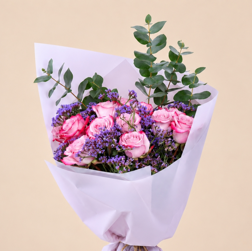Pink Rose Bouquet with Purple Statice & Eucalyptus | 15 Roses SEO Title – Arabic 2