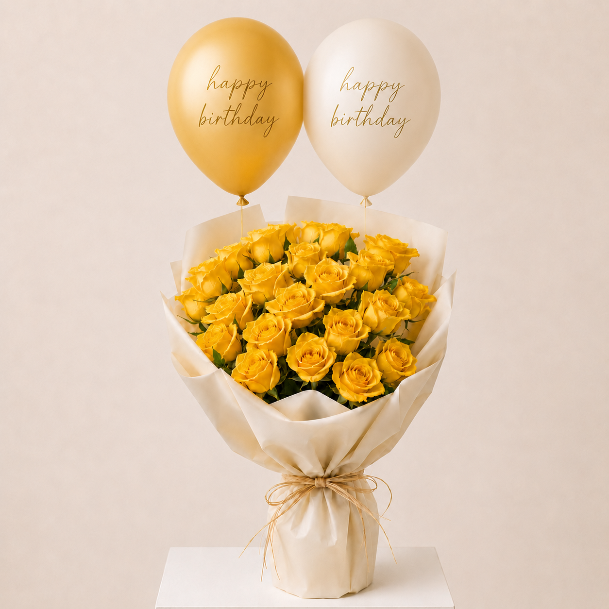 Luxury Yellow Roses Birthday Bouquet with Helium Balloons – Elegant Birthday Flower Gift