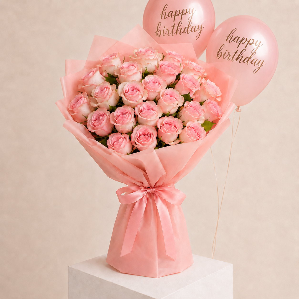 Luxury Pink Rose Birthday Bouquet with Helium Balloons