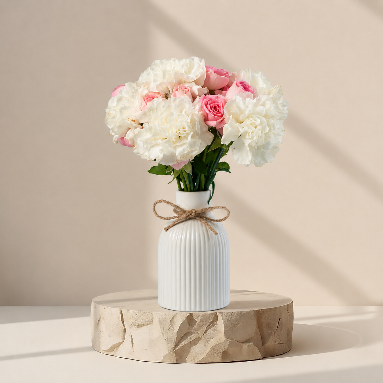 Blush Roses & White Carnations Arrangement in Ceramic Vase | Luxury Flower Gift | Flori Mart Qatar