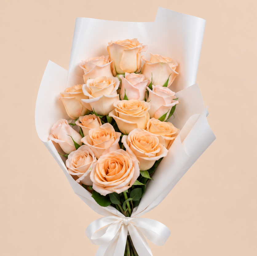 Peach Rose Bouquet with White Wrap | 15 Roses 3