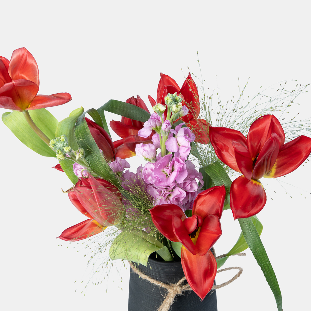 Red Tulip & Purple Stock Arrangement in Elegant Black Vase | Luxury Modern Floral Bouquet 2