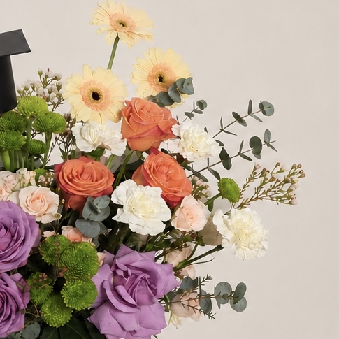 Luxury Graduation Flowers in Black Vase – Purple & Orange Roses 7