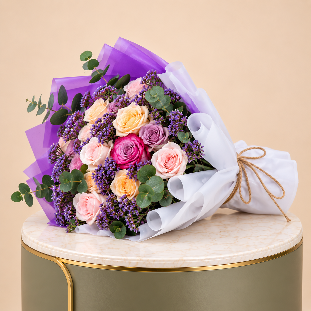 Pink, Peach & Purple Rose Bouquet with Eucalyptus 2