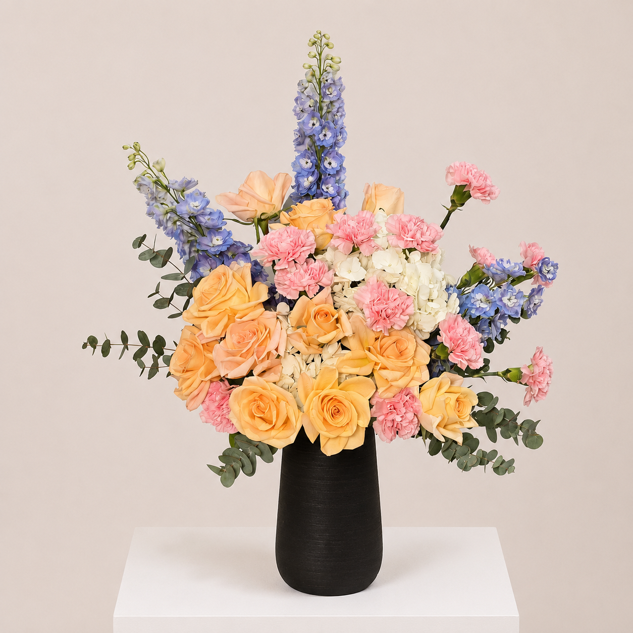 Luxury Mixed Flower Arrangement in Elegant Black Ceramic Vase | Roses, Hydrangea, Delphinium & Carnations | Flori Mart Qatar 2
