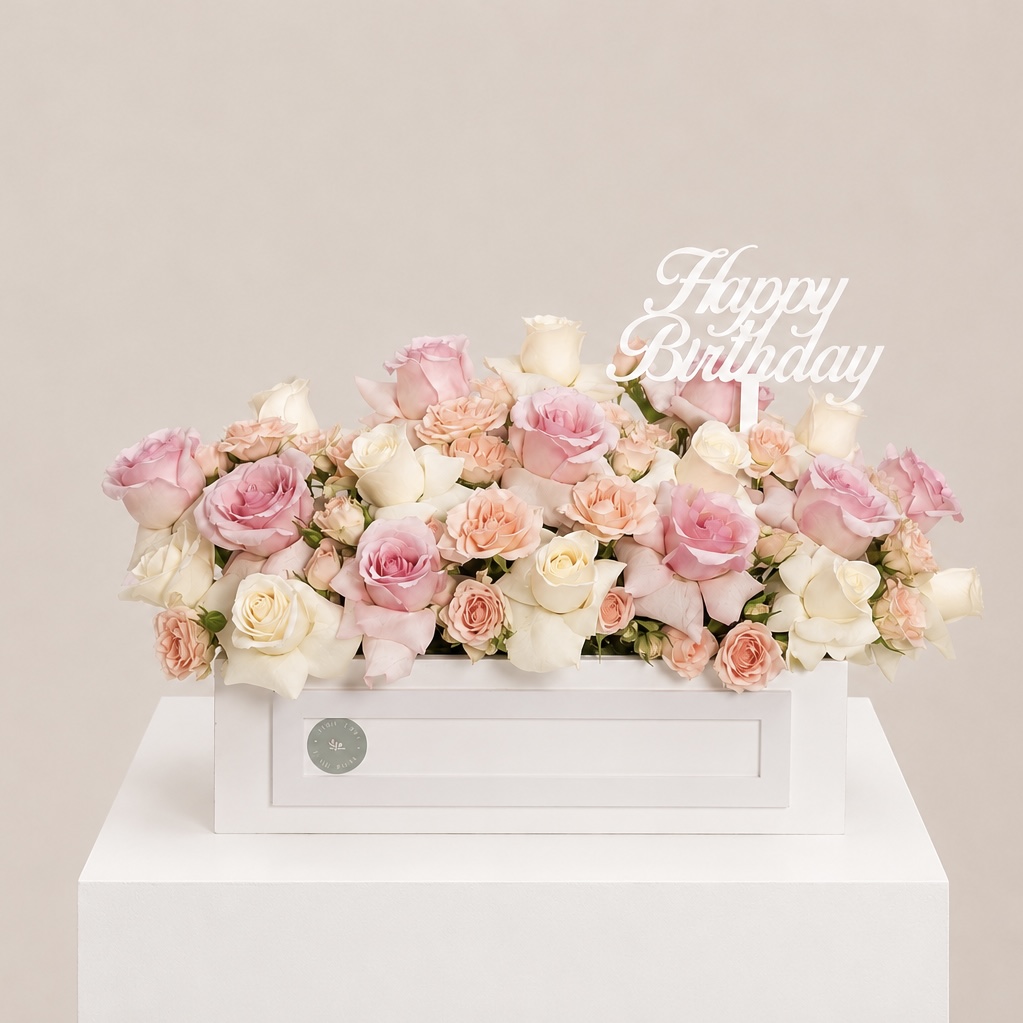 Luxury Happy Birthday Pink, White & Peach Roses Arrangement in White Box | Flori Mart Qatar 3