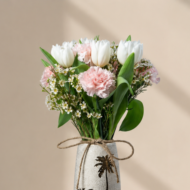 Luxury White Tulip & Pink Carnation Arrangement in Decorative Vase | Flori Mart Qatar 2