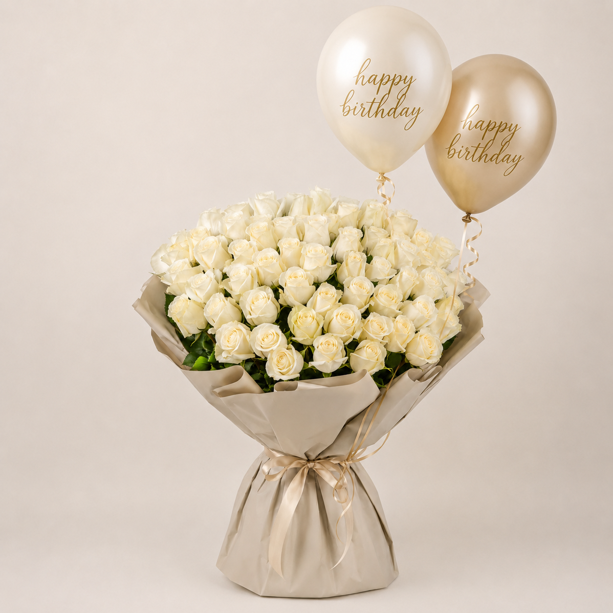 Luxury White Rose Bouquet with Helium Birthday Balloons – Elegant Birthday Flower Gift