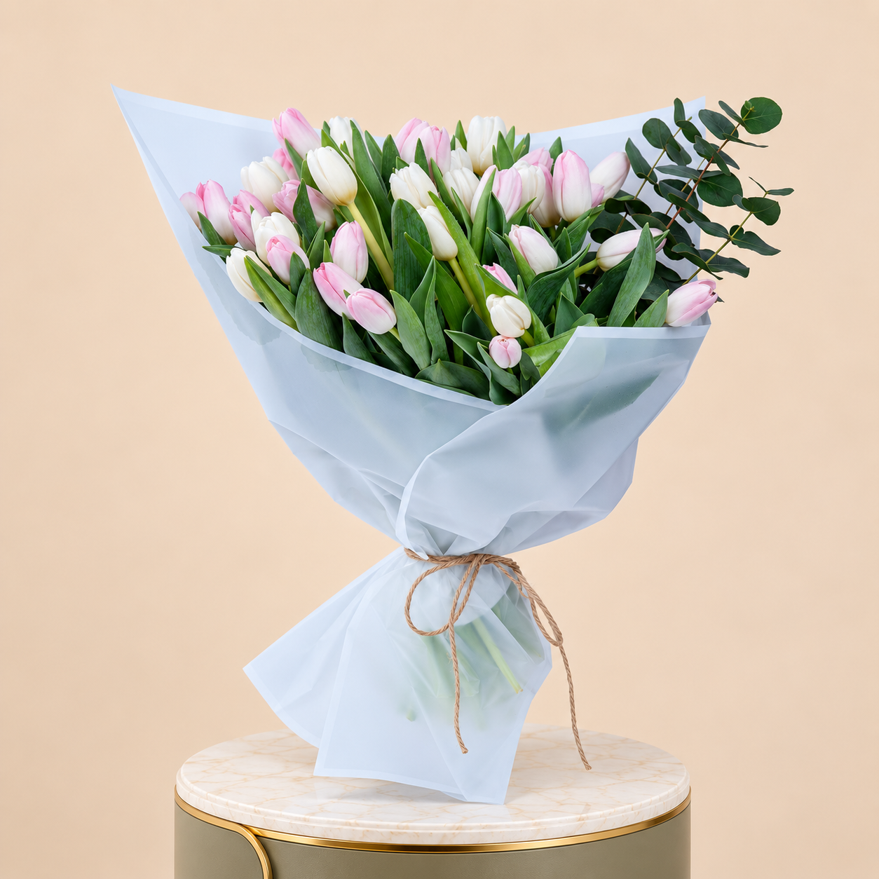 Pink & White Tulip Bouquet with Eucalyptus