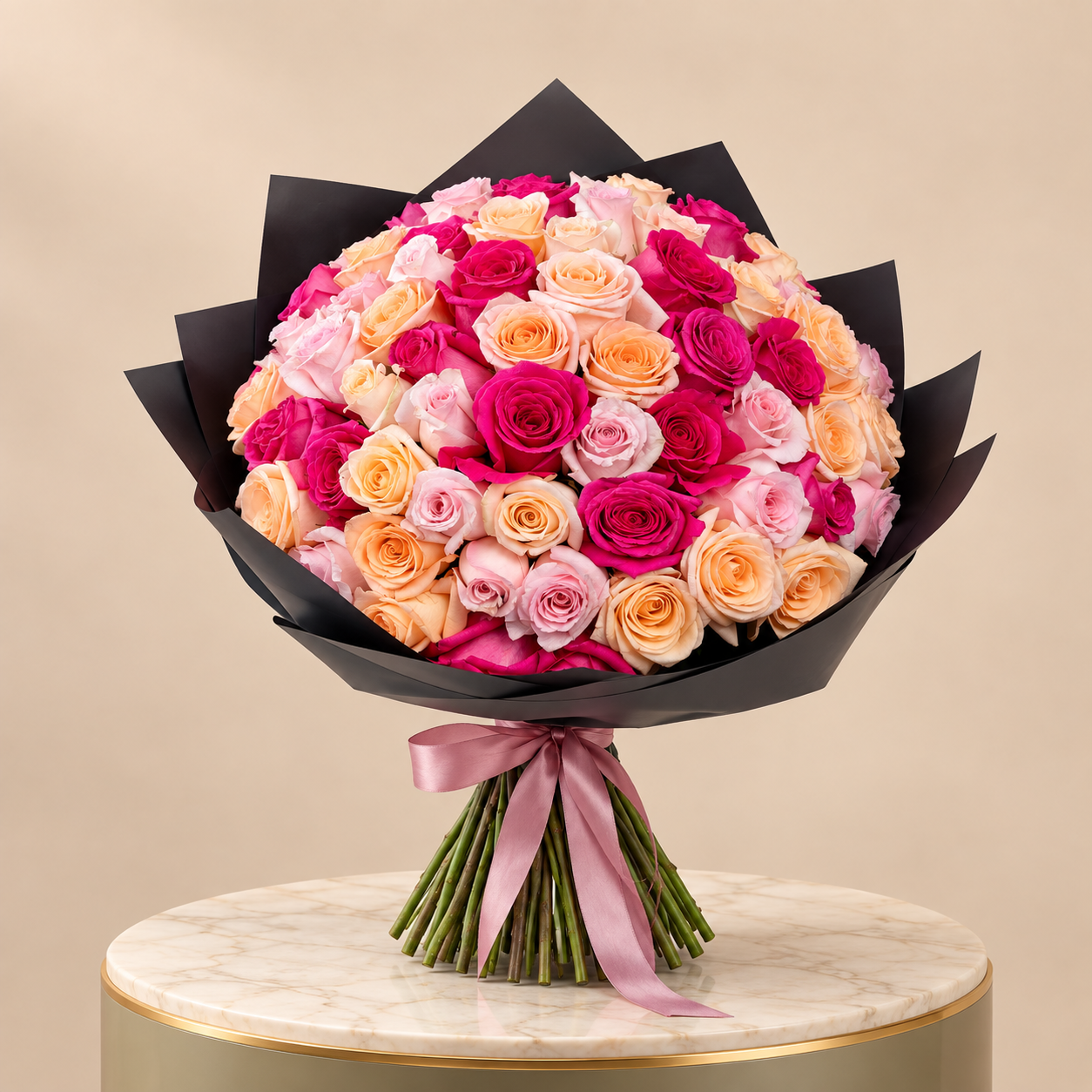 Pink & Peach Rose Bouquet with Black Wrap | 50 Roses