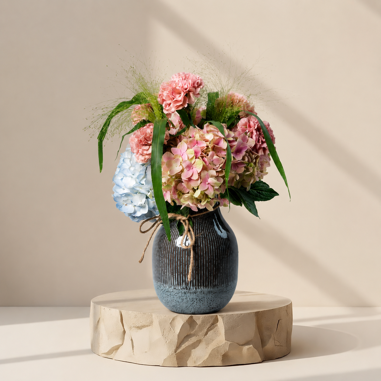 Luxury Hydrangea & Pink Carnation Arrangement in Ceramic Vase | Flori Mart Qatar
