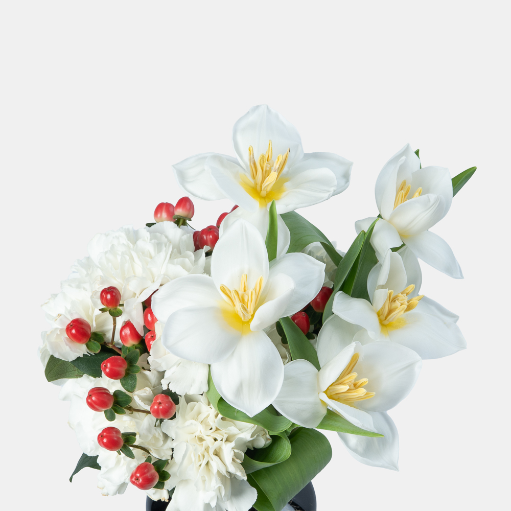 White Lily & Carnation Arrangement with Hypericum Berries in Elegant Black Vase | Luxury Floral Gift 2