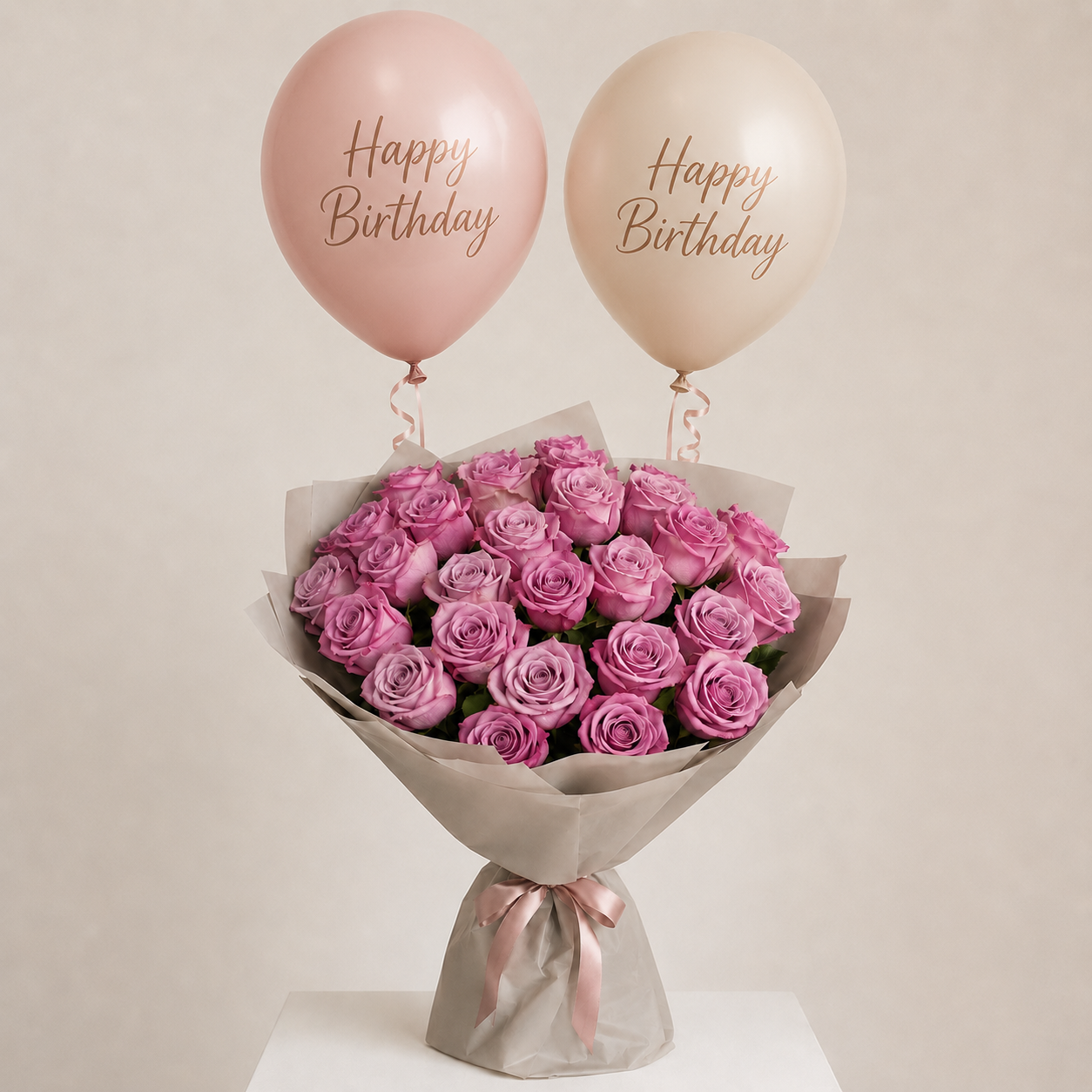Luxury Purple Rose Birthday Bouquet with Helium Balloons