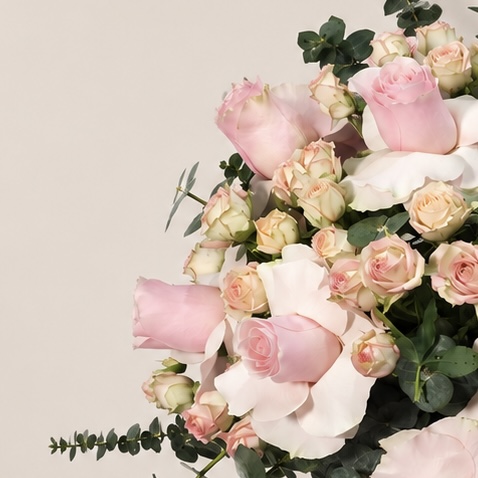 Pink Roses & Eucalyptus Arrangement in Square Glass Vase 7