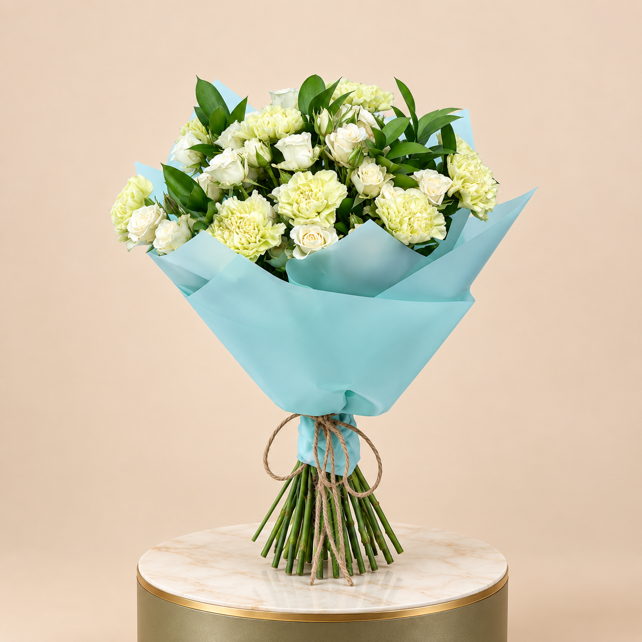 White Rose Bouquet with Green Carnations | 25 Roses