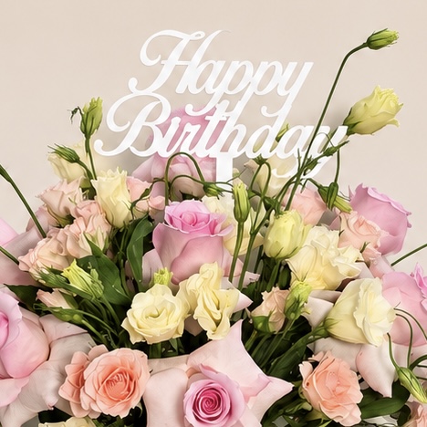 Pink Roses & Lisianthus Birthday Arrangement in Luxury Glass Vase 4