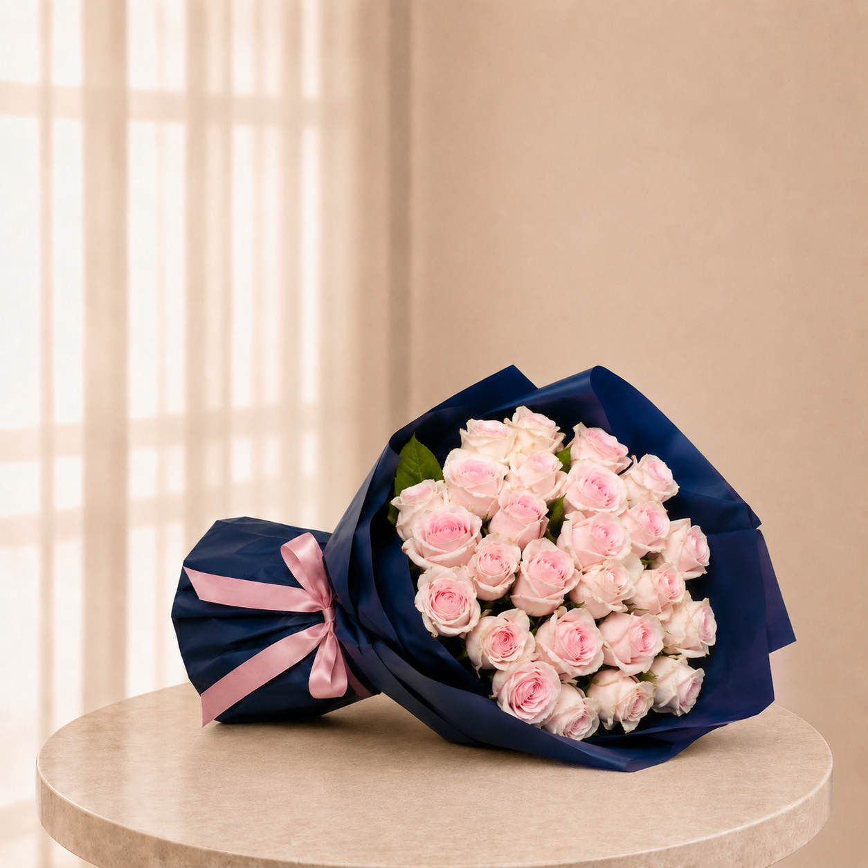 Luxury Small Light Pink Rose Bouquet in Navy Wrapping | 15 Premium Roses