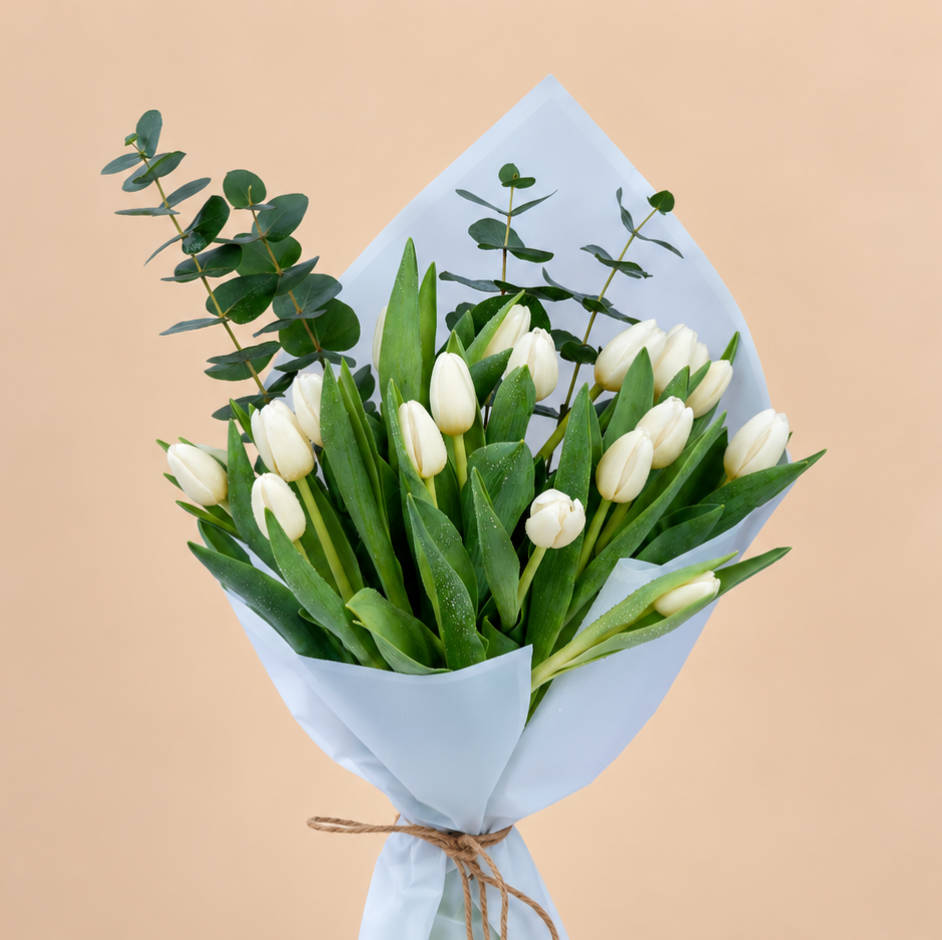 White Tulip Bouquet with Eucalyptus | 15 Tulips 3