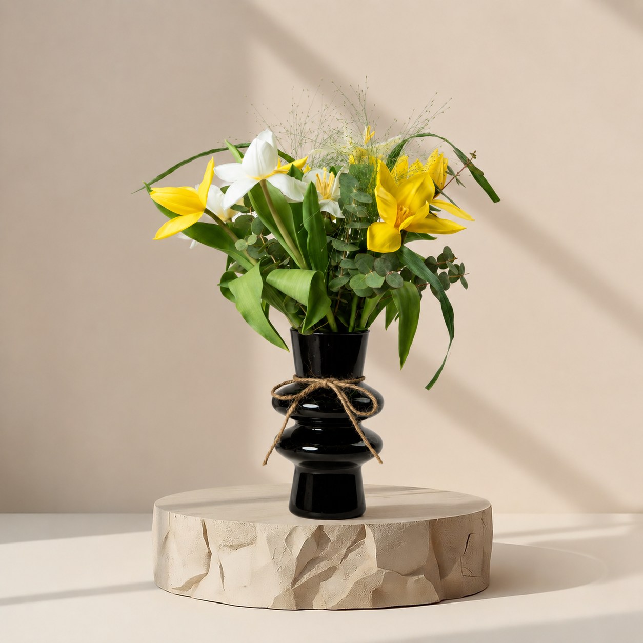 Golden Lily & White Tulip Arrangement in Black Vase | Luxury Flower Arrangement | Flori Mart Qatar