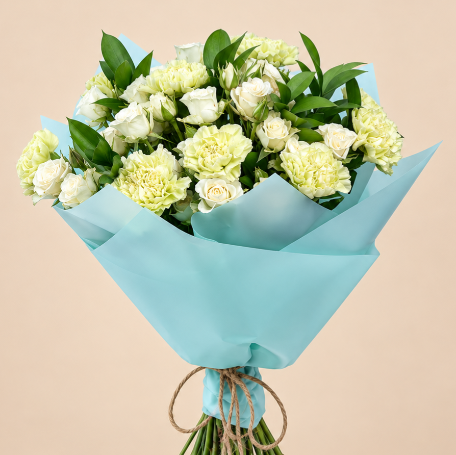 White Rose Bouquet with Green Carnations | 25 Roses 3