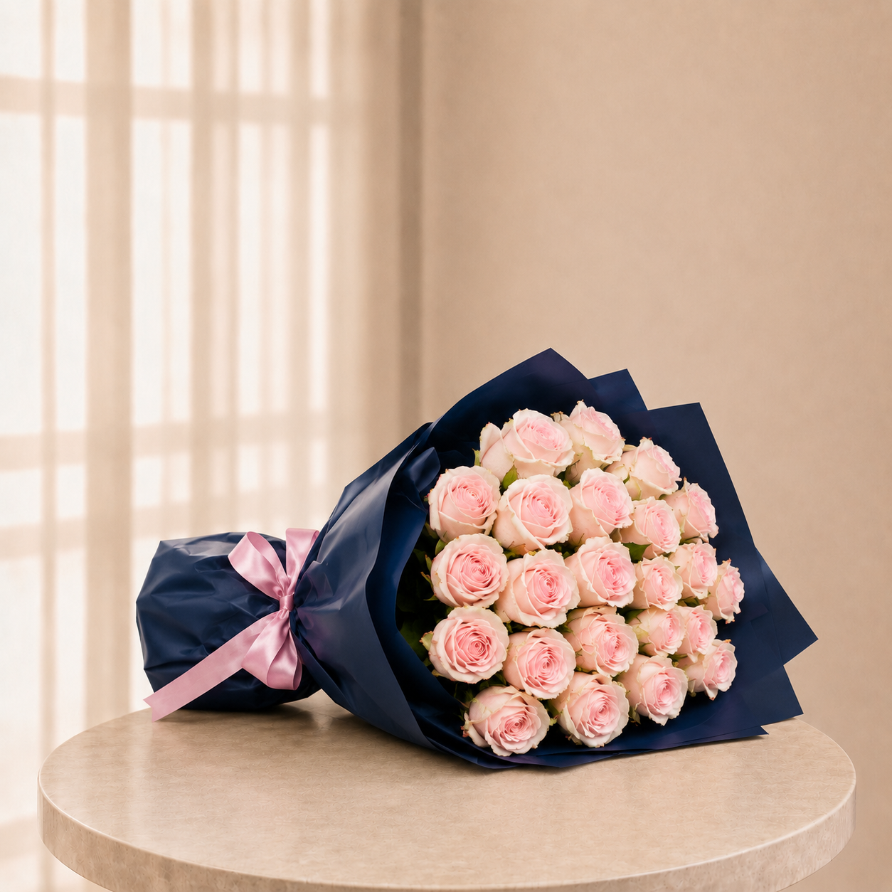 Luxury Medium Light Pink Rose Bouquet in Navy Wrapping | 25 Premium Roses