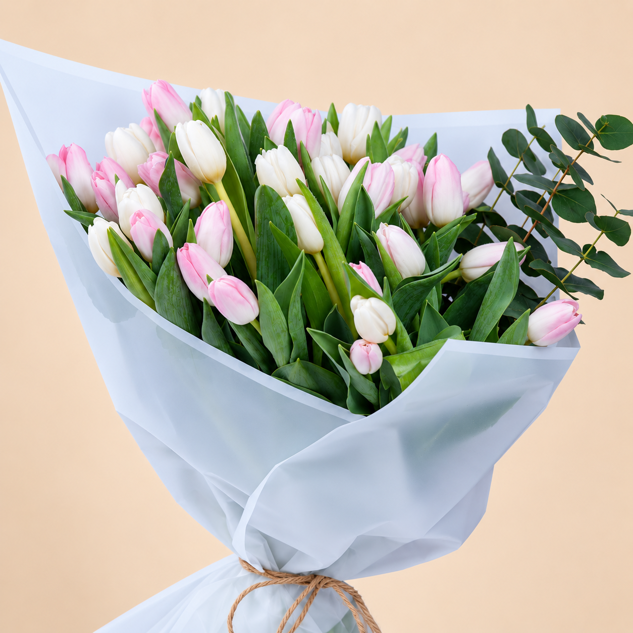 Pink & White Tulip Bouquet with Eucalyptus 3