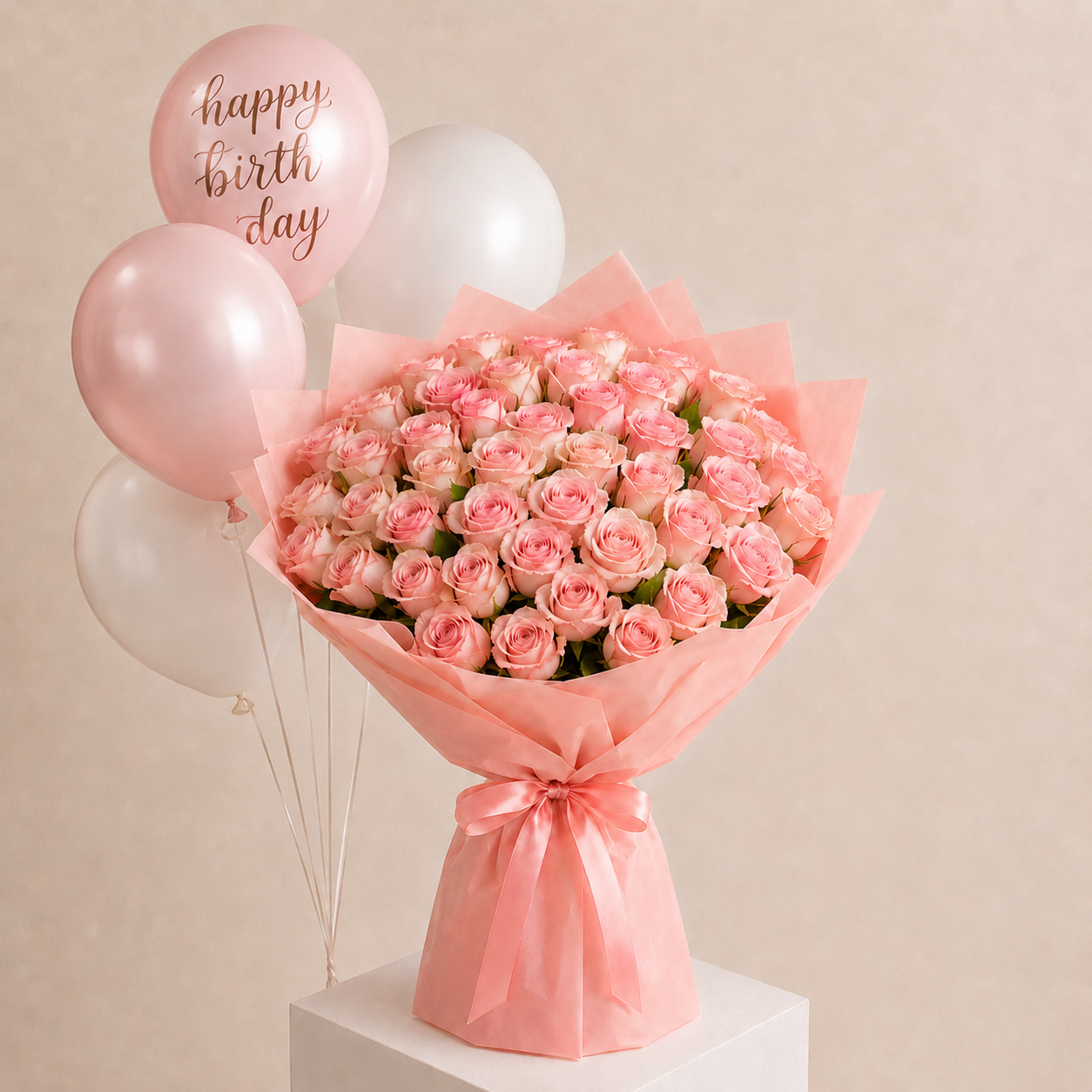Luxury Pink Rose Bouquet with Helium Birthday Balloons – Romantic Birthday Flower Gift