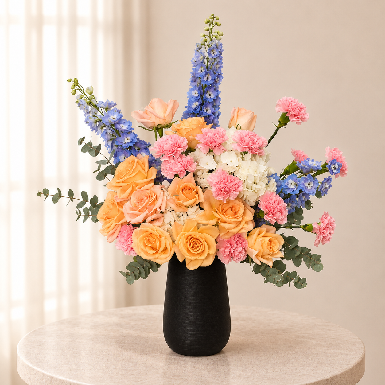 Luxury Mixed Flower Arrangement in Elegant Black Ceramic Vase | Roses, Hydrangea, Delphinium & Carnations | Flori Mart Qatar