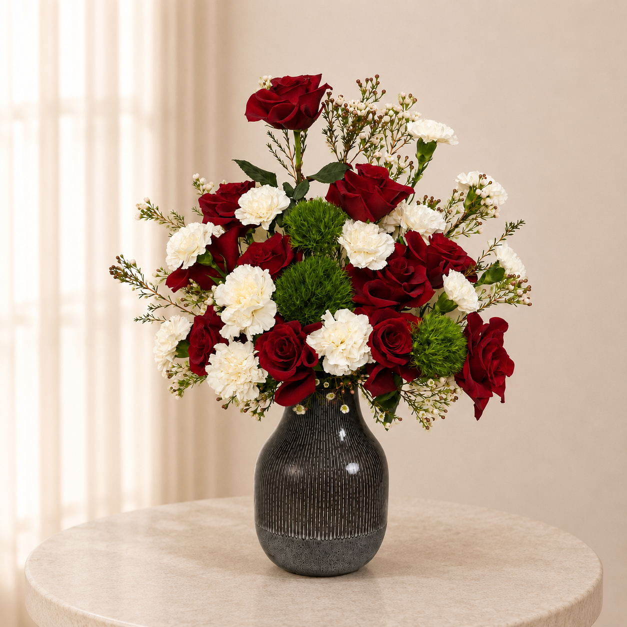 Luxury Red Rose & White Carnation Arrangement | Premium Fresh Flower Vase for Gifts & Special Occasions | Flori Mart Qatar