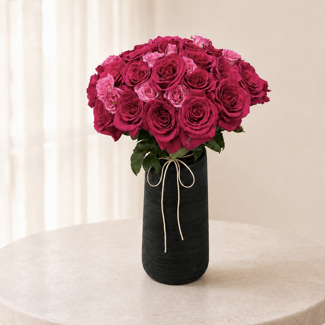 Luxury Red & Pink Rose Arrangement in Black Ceramic Vase | Premium Fresh Roses | Flori Mart Qatar
