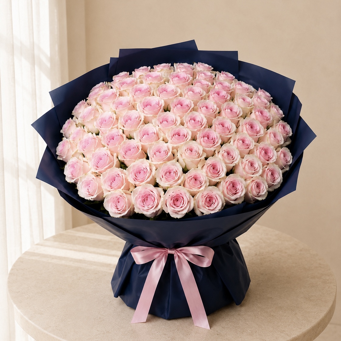 Luxury Large Light Pink Rose Bouquet in Navy Wrapping | 50 Premium Roses 4