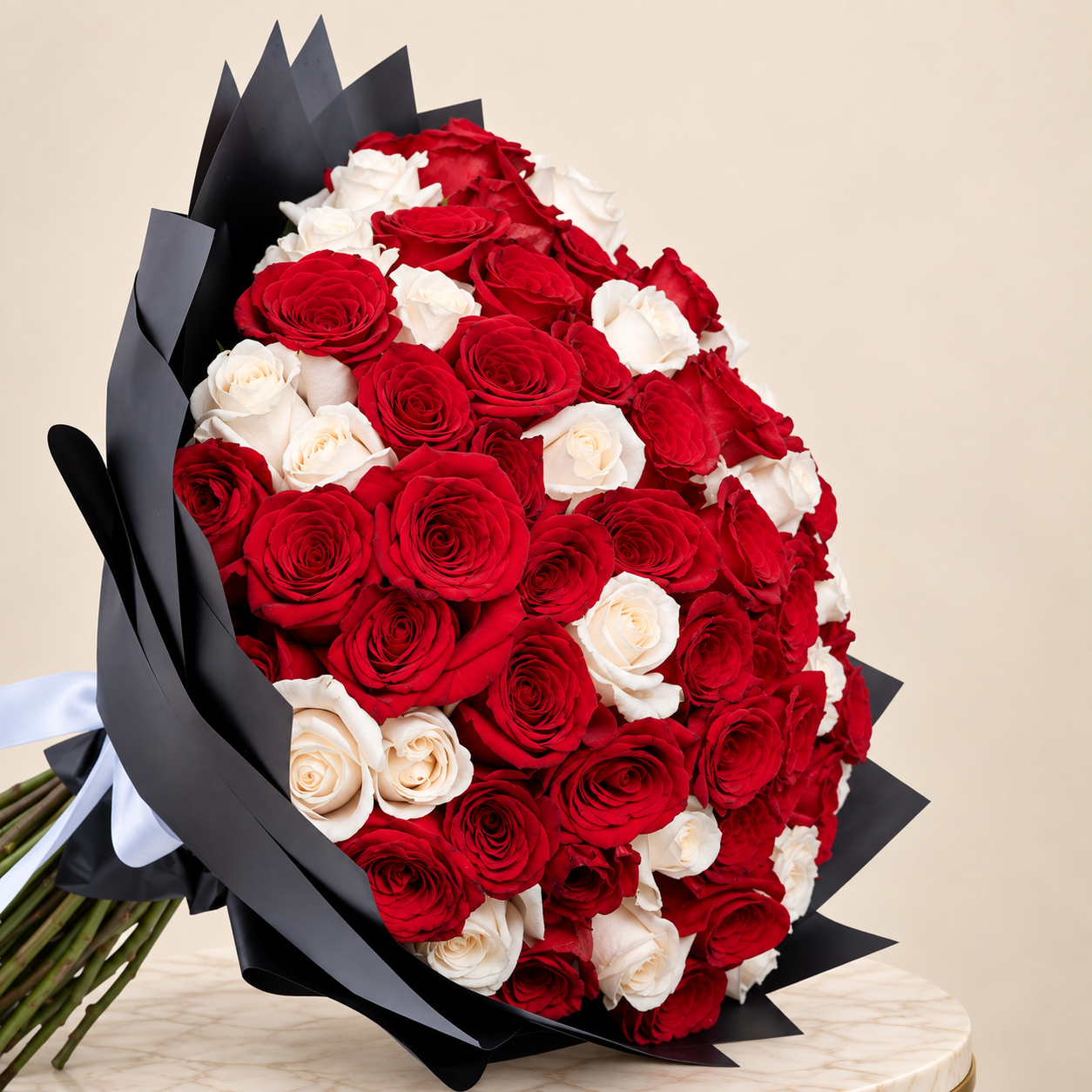Red and White Rose Bouquet with Black Wrap | 100 Roses 3