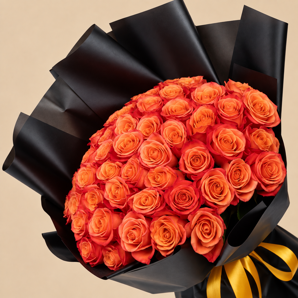 Orange Rose Bouquet with Black Wrap | 50 Roses 4