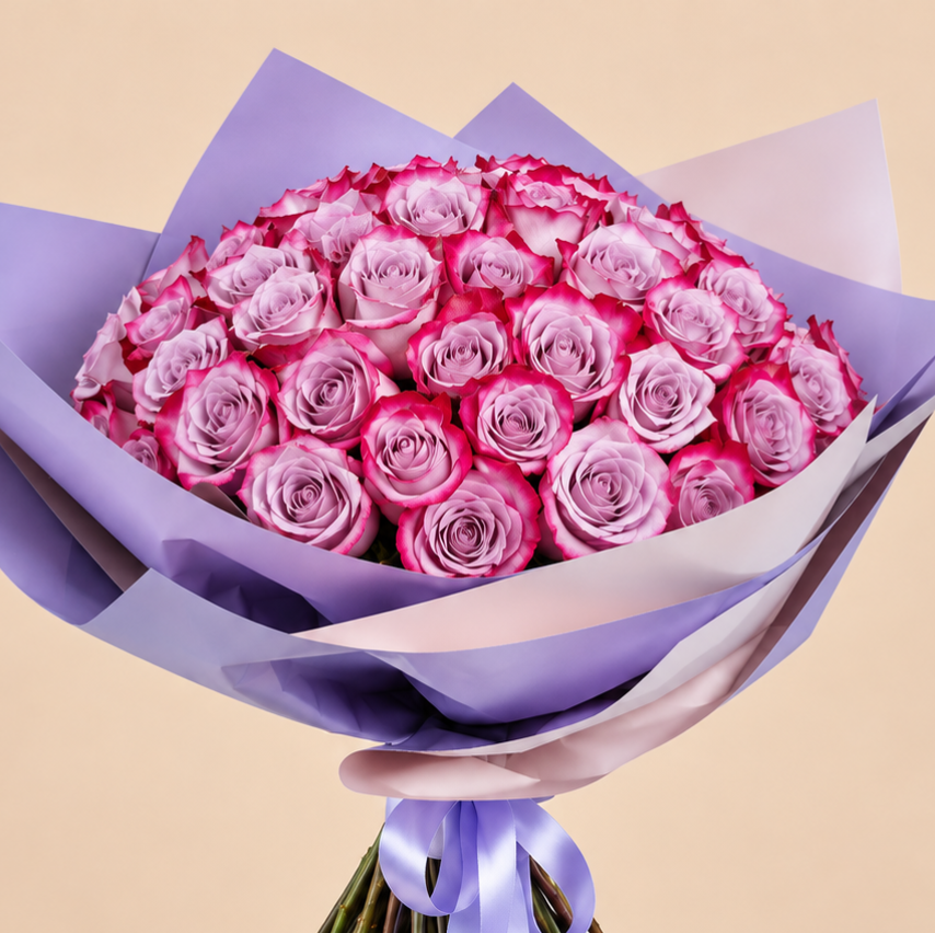 Pink Rose Bouquet with Lilac Wrap | 100 Roses 3