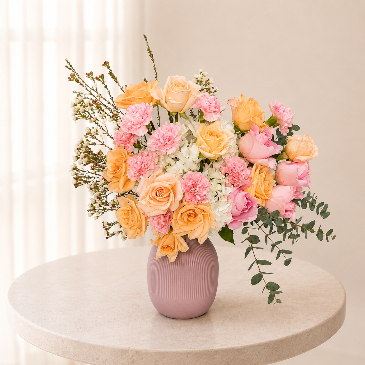 Luxury Pastel Flower Arrangement in Pink Ceramic Vase | Premium Fresh Flowers | Flori Mart Qatar