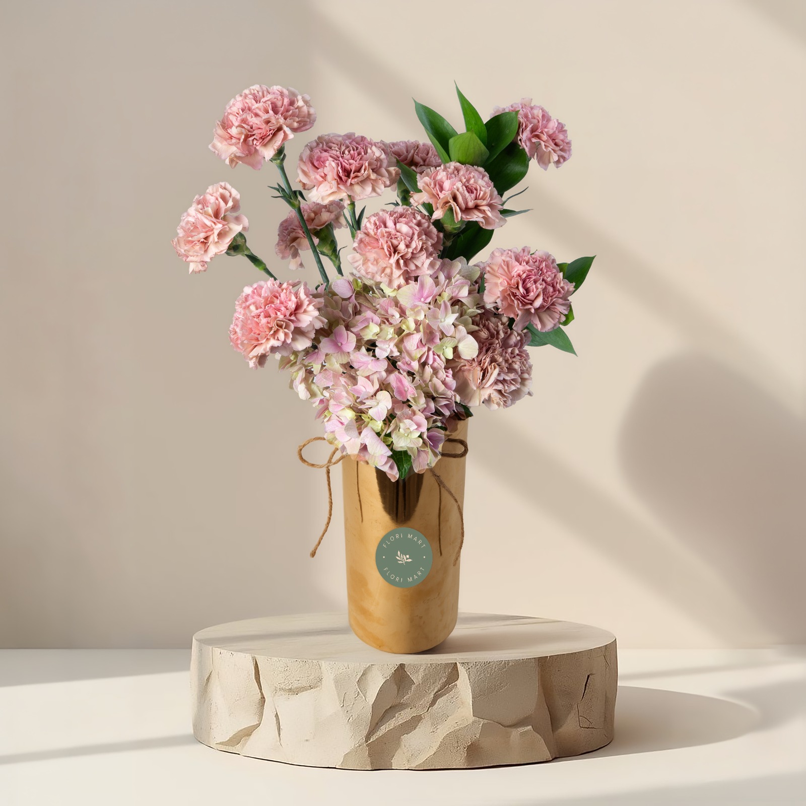 Pink Hydrangea & Carnation Arrangement in Elegant Gold Vase | Luxury Floral Gift