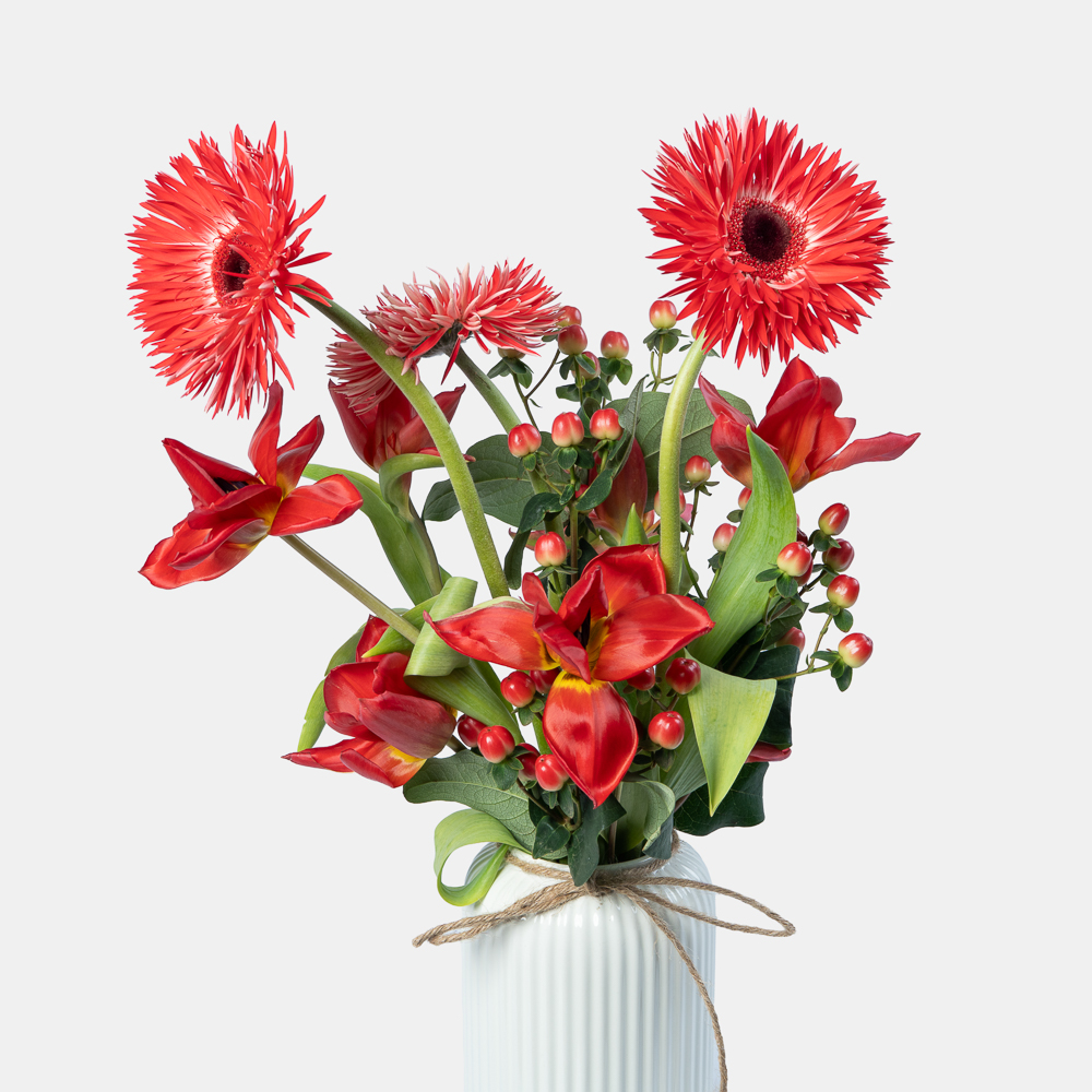 Red Gerbera & Calla Lily Arrangement with Hypericum Berries in White Vase | Luxury Floral Gift 2