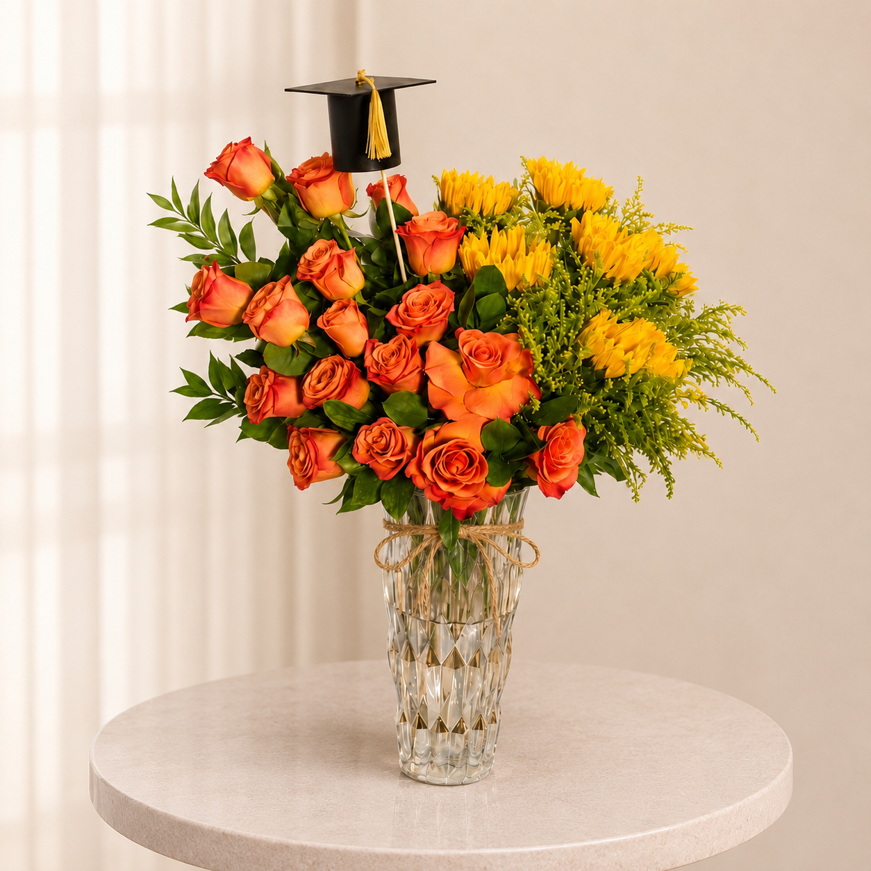 Orange Roses & Sunflowers Graduation Arrangement in Glass Vase
