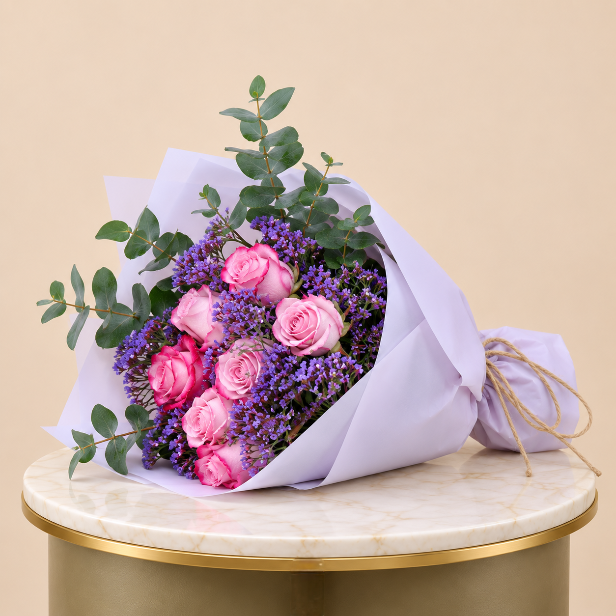 Pink Rose Bouquet with Purple Statice & Eucalyptus | 15 Roses SEO Title – Arabic 3