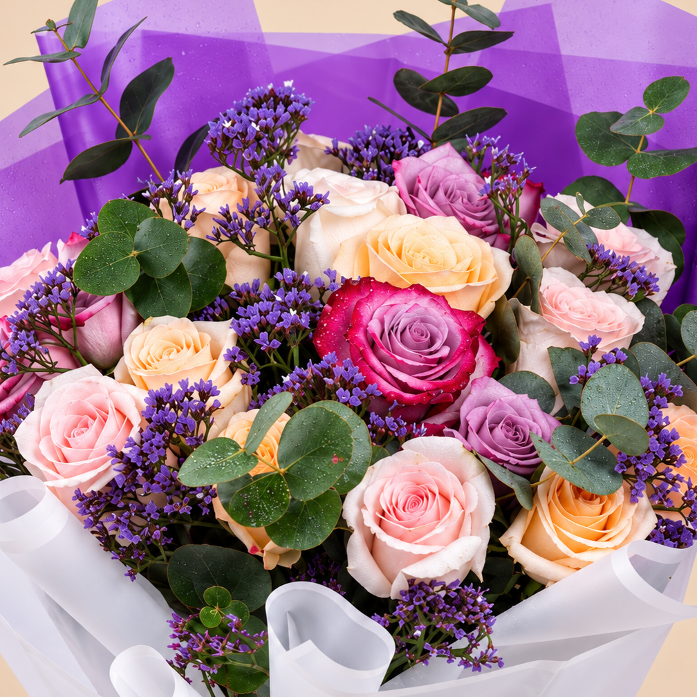 Pink, Peach & Purple Rose Bouquet with Eucalyptus 4