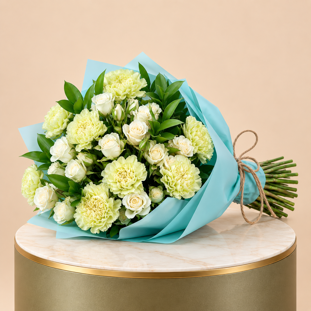 White Rose Bouquet with Green Carnations | 25 Roses 2