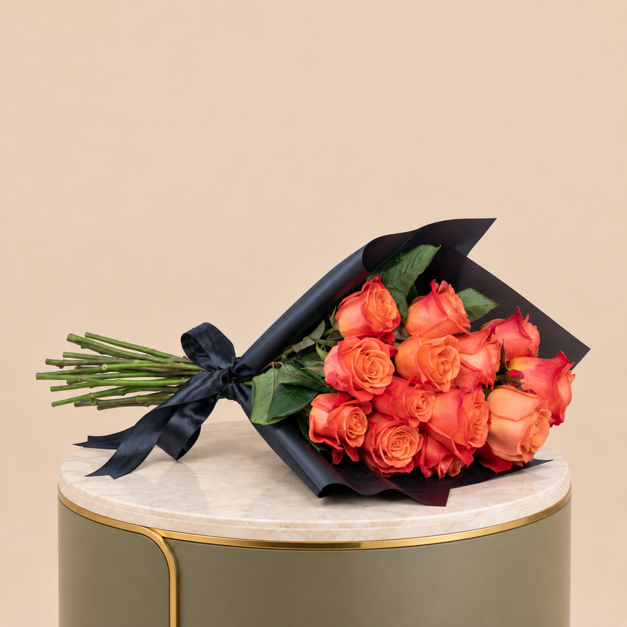 Orange Rose Bouquet with Black Wrap | 15 Roses 2