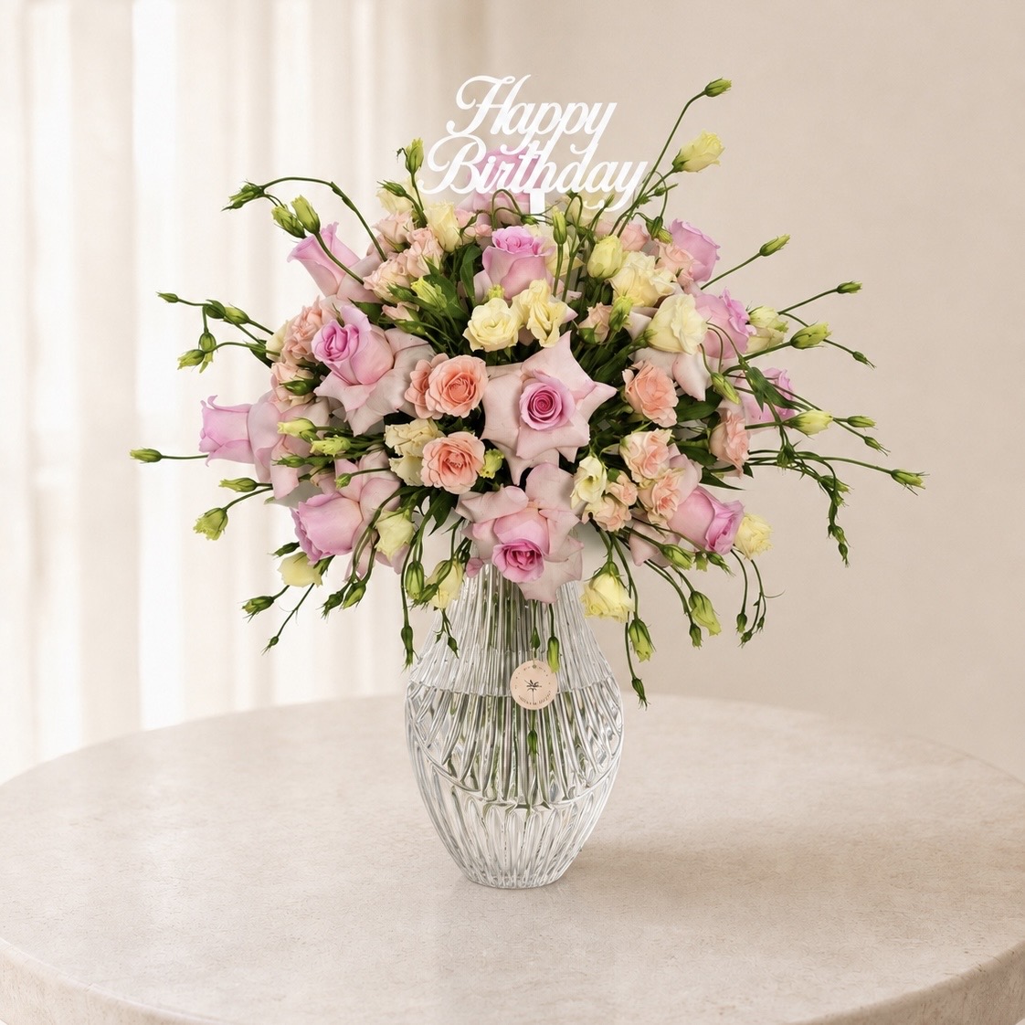 Pink Roses & Lisianthus Birthday Arrangement in Luxury Glass Vase