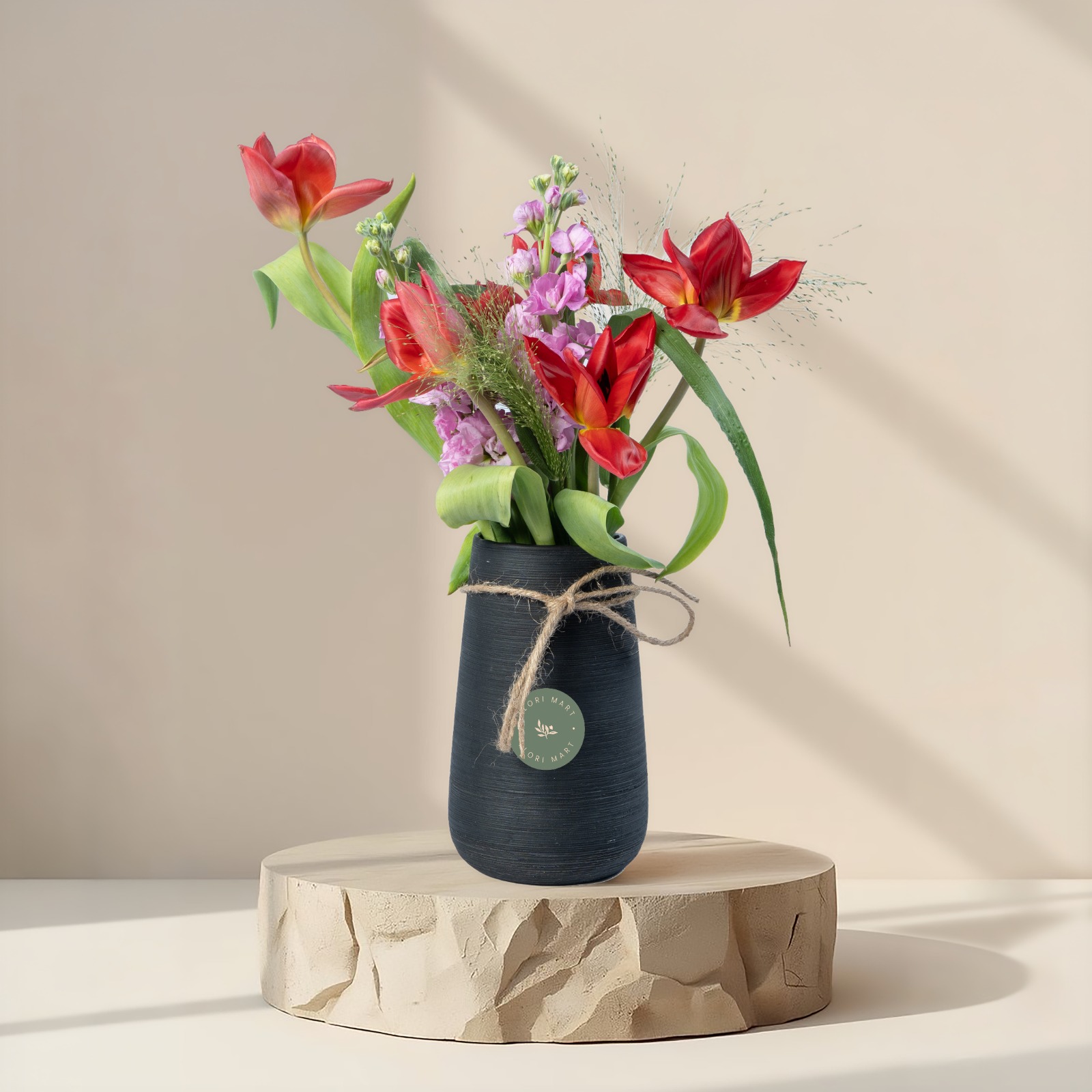 Red Tulip & Purple Stock Arrangement in Elegant Black Vase | Luxury Modern Floral Bouquet