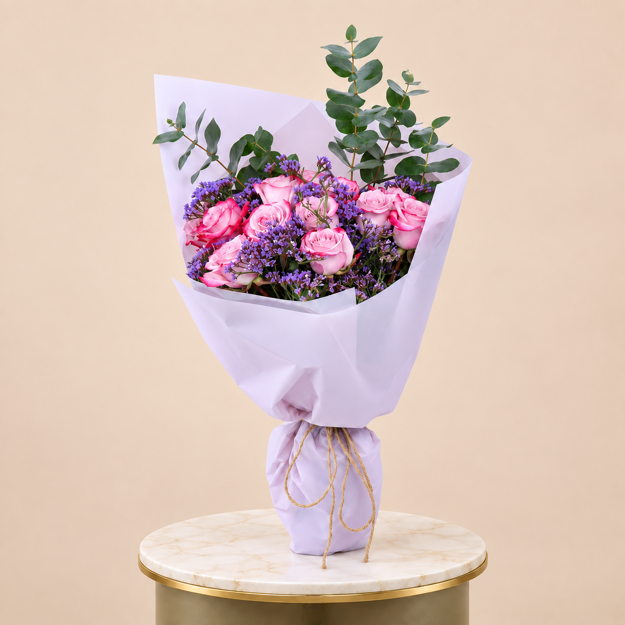 Pink Rose Bouquet with Purple Statice & Eucalyptus | 15 Roses SEO Title – Arabic