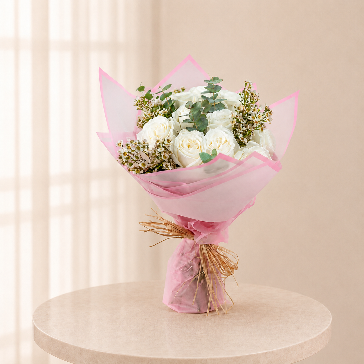 Luxury White Rose Bouquet with Eucalyptus & Wax Flowers | Elegant Floral Gift
