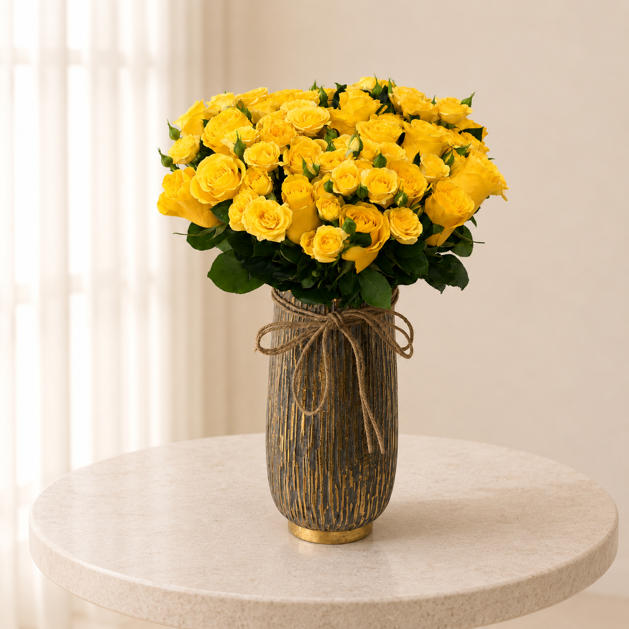 Luxury Yellow Rose Arrangement | Fresh Yellow Roses & Spray Roses in Elegant Metal Vase | Flori Mart Qatar